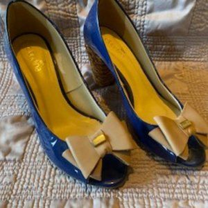CLAUDINA Navy Blue Peep Toe Bow Front Heels Women